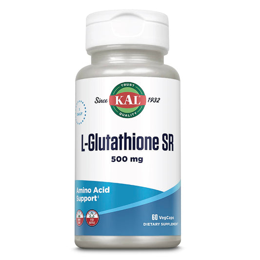 KAL L-Glutathione SR bottle front view highlighting antioxidant support packaging.