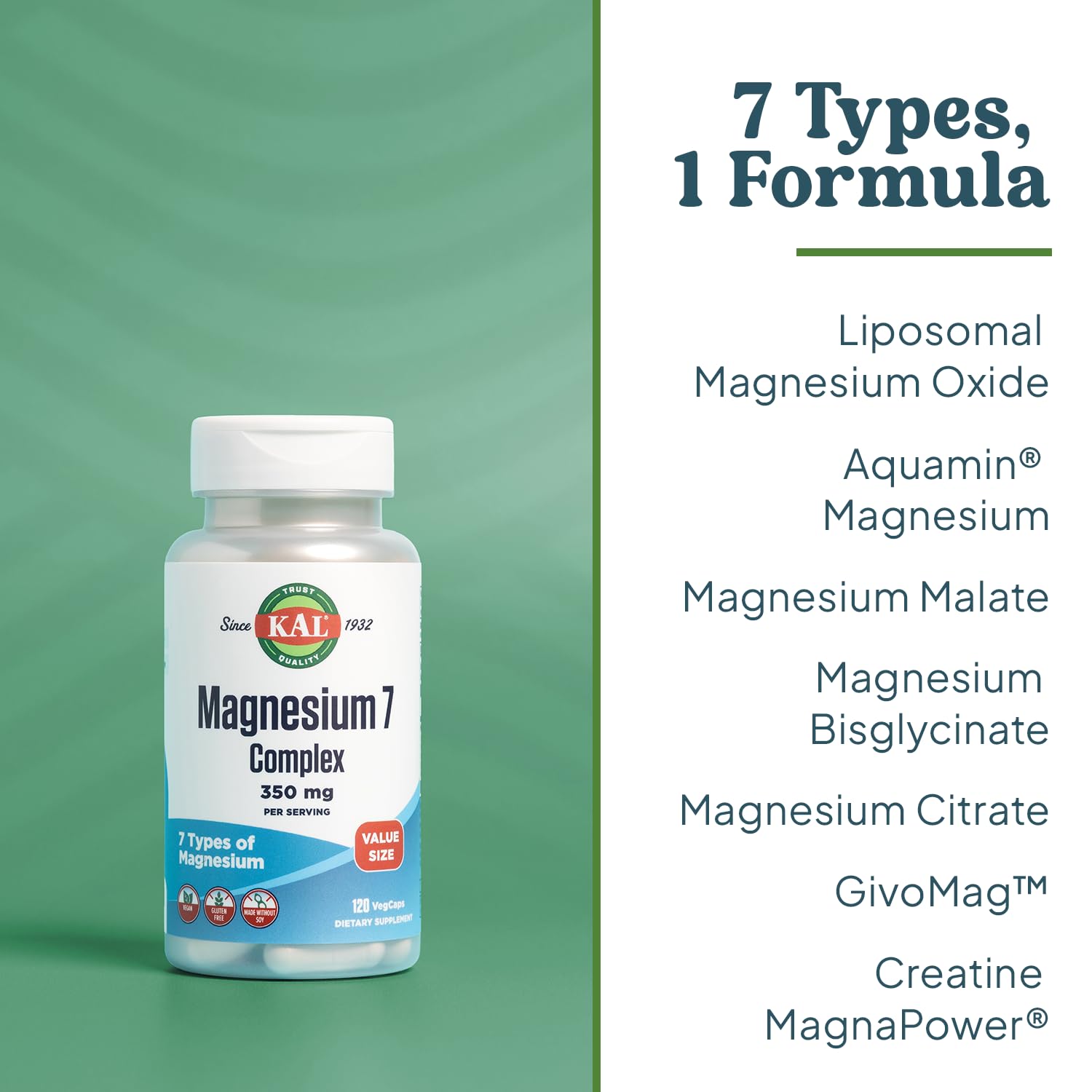 KAL Magnesium Complex 7 vegan capsules for daily magnesium support.