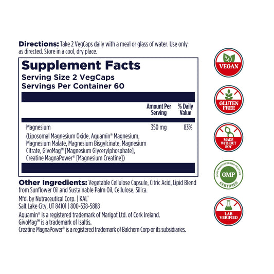 Close-up of the KAL Magnesium Complex 7 label highlighting seven forms for a full-spectrum mineral profile.
