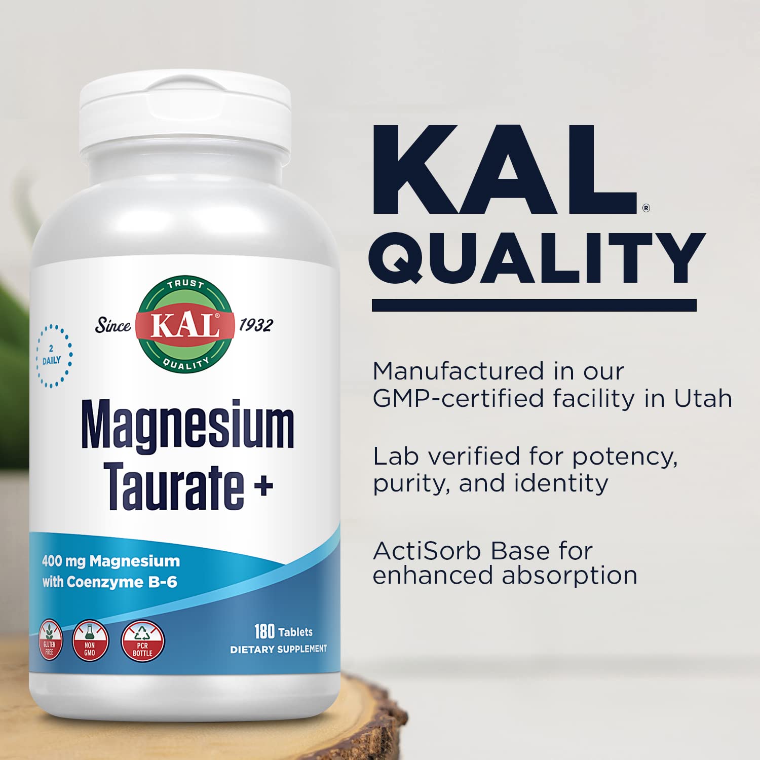 KAL Magnesium Taurate Plus ingredient panel highlights taurate magnesium and B6.
