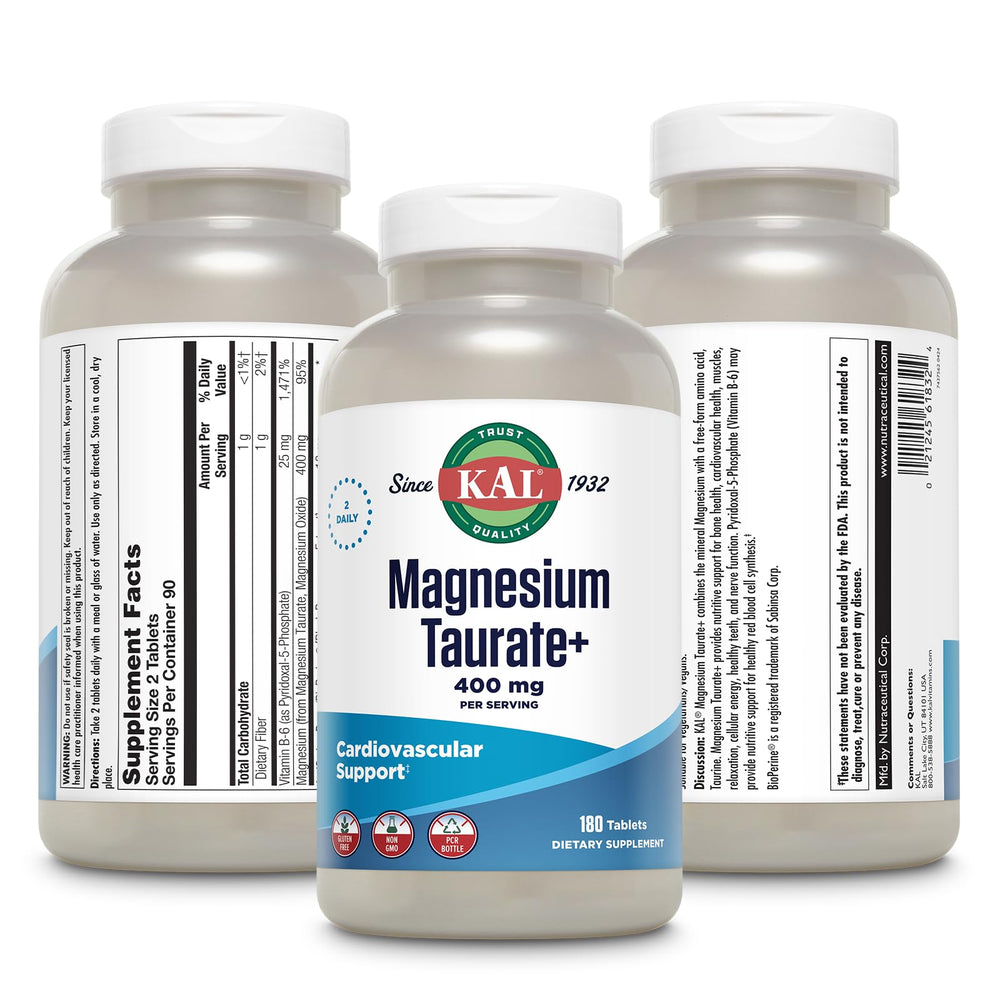 KAL Magnesium Taurate Plus label detail shows vegan, gluten-free, non-GMO formula.