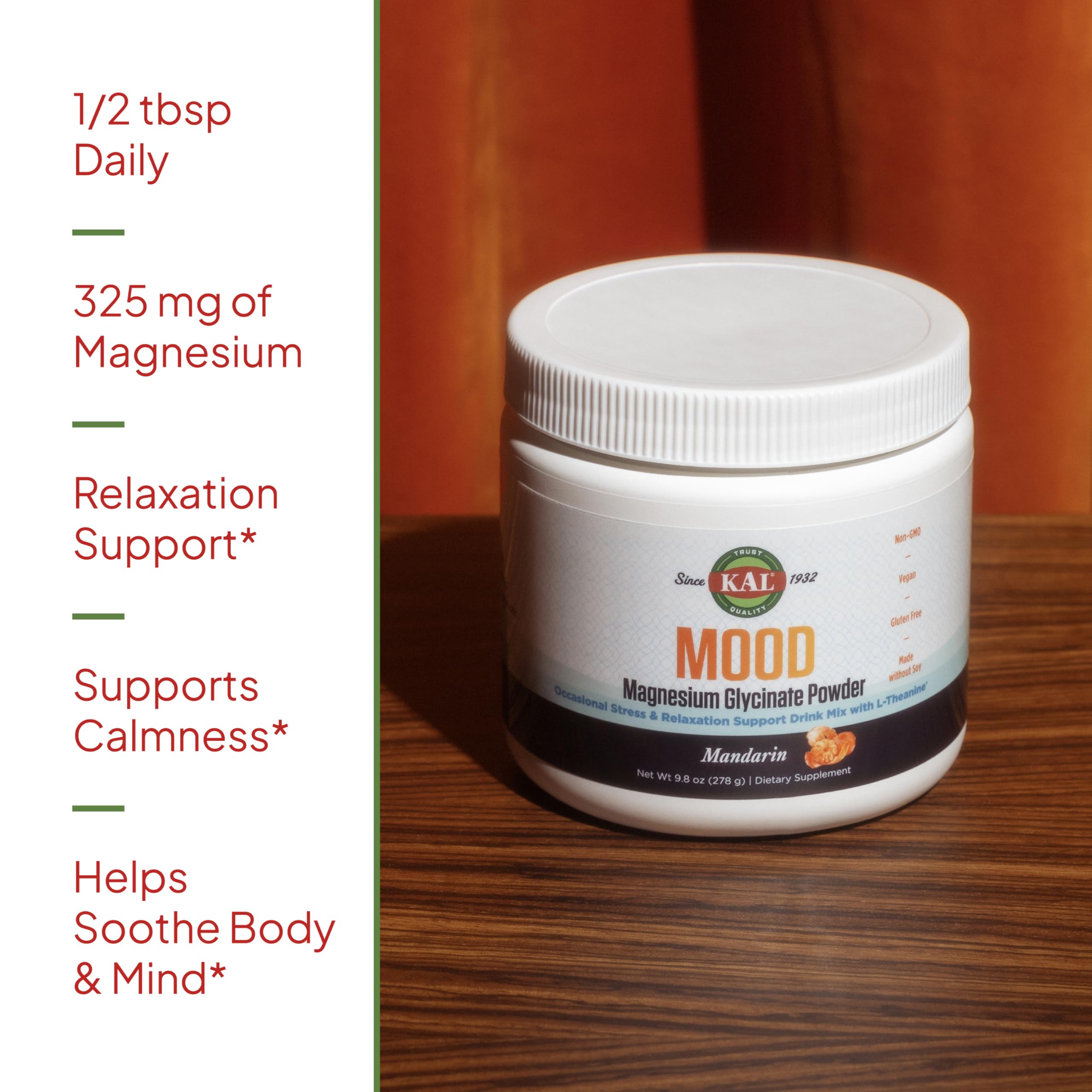 kal mood magnesium powder glass with mandarin drink for a refreshing relaxation moment.