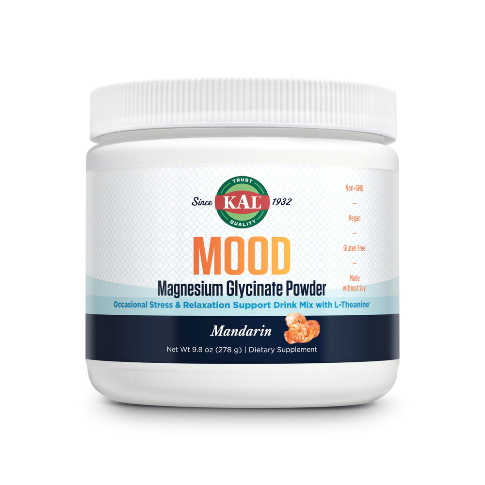 kal mood magnesium powder mandarin jar highlights the 40-serving bottle for daily relaxation.