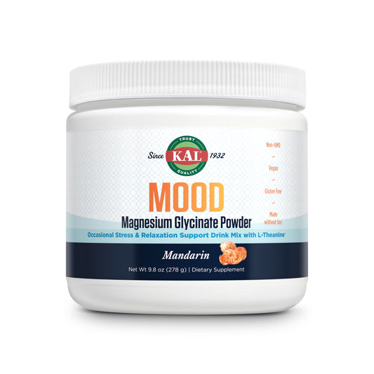 kal mood magnesium powder mandarin jar highlights the 40-serving bottle for daily relaxation.