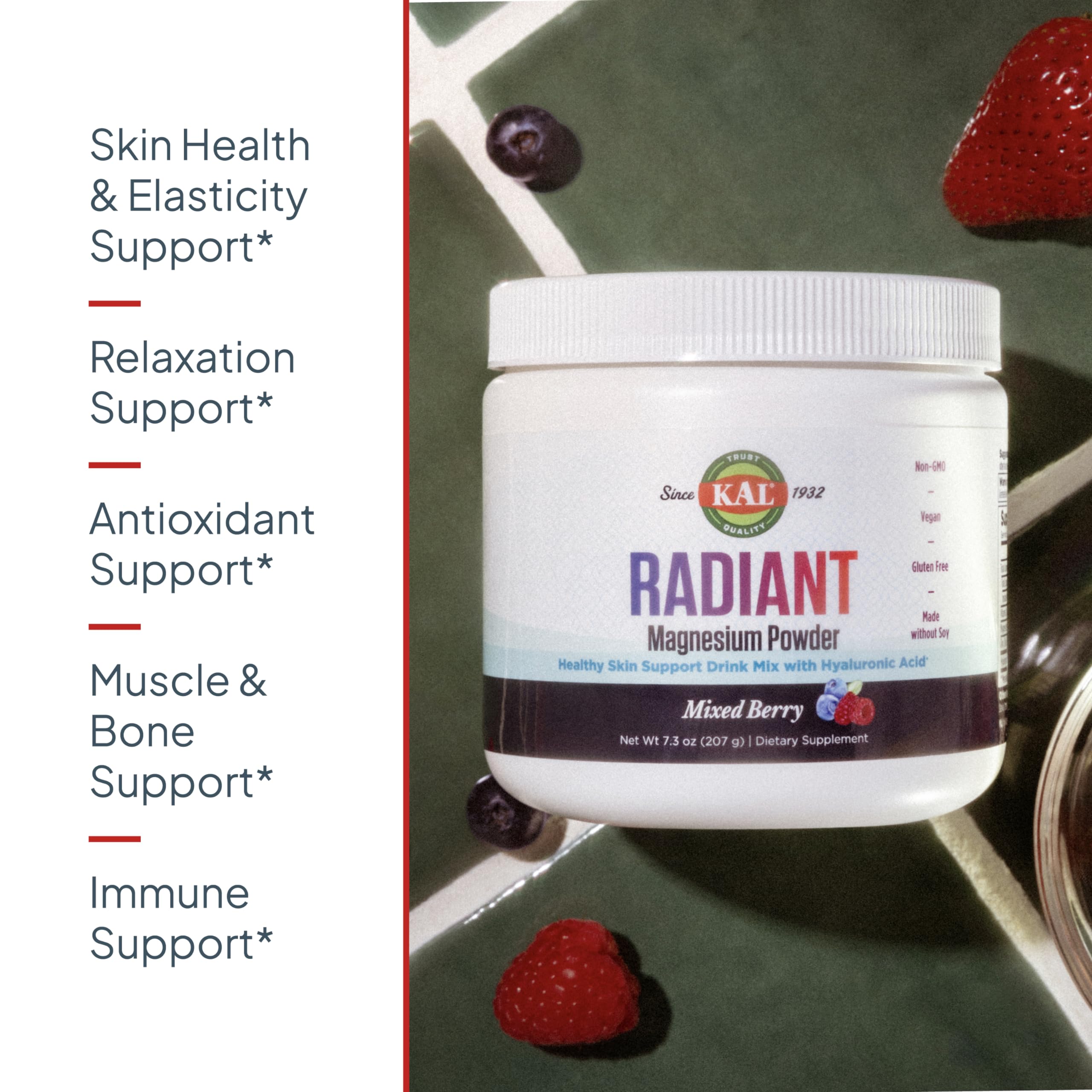 KAL Radiant Magnesium Powder mixed berry scoop shown for quick, smooth mixing.