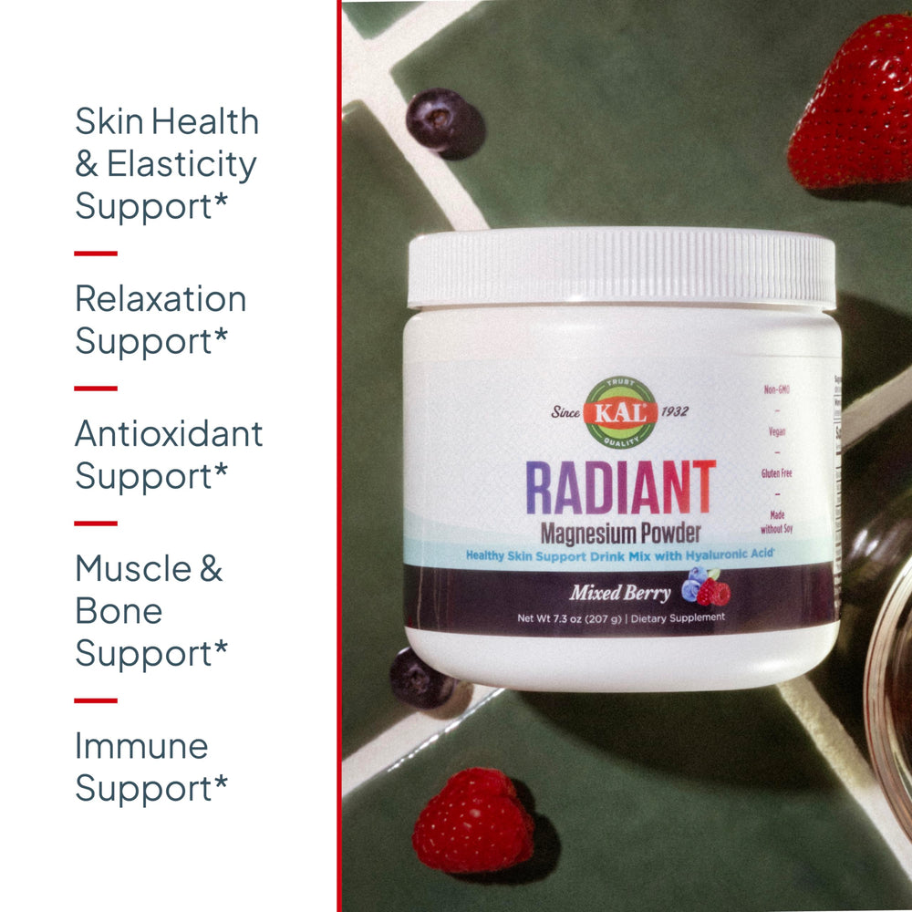 KAL Radiant Magnesium Powder mixed berry scoop shown for quick, smooth mixing.