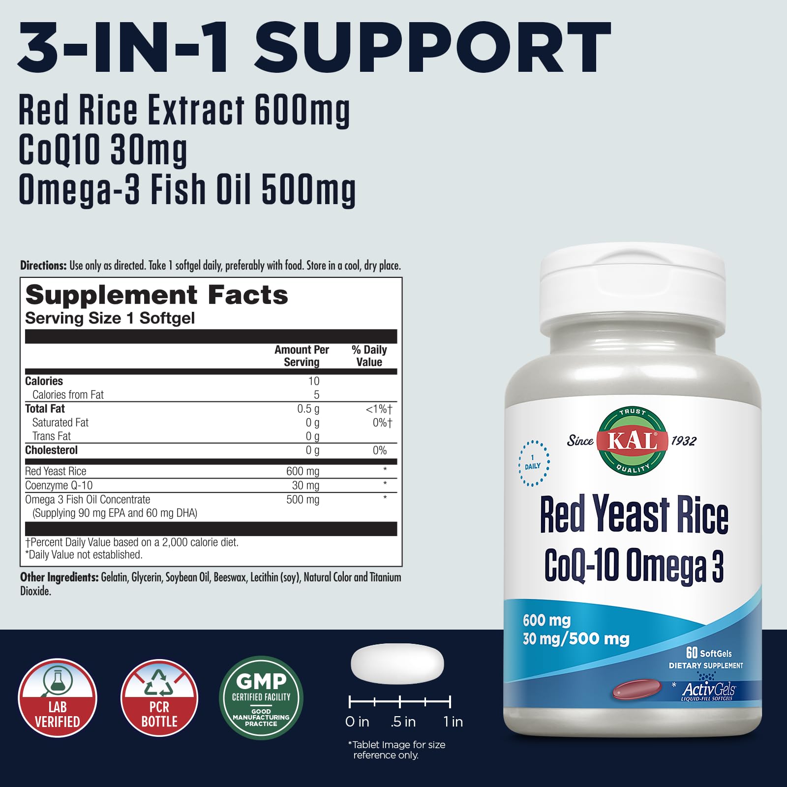 KAL Red Yeast Rice COQ10 Omega-3 label highlights three synergistic ingredients.