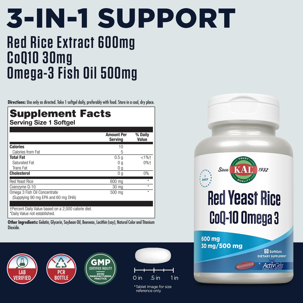 KAL Red Yeast Rice COQ10 Omega-3 label highlights three synergistic ingredients.