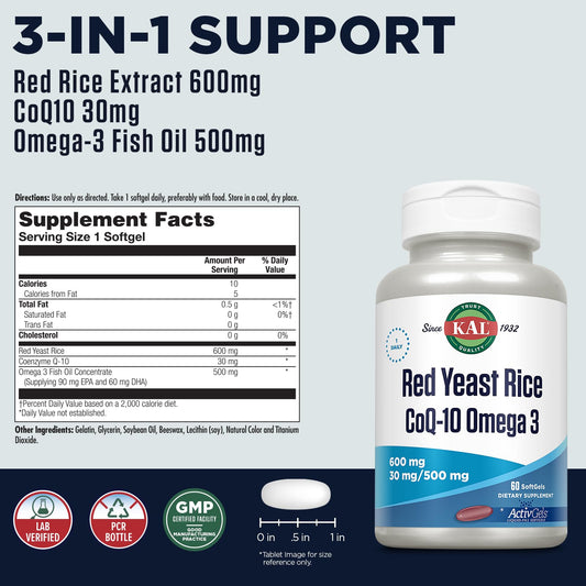 KAL Red Yeast Rice COQ10 Omega-3 label highlights three synergistic ingredients.