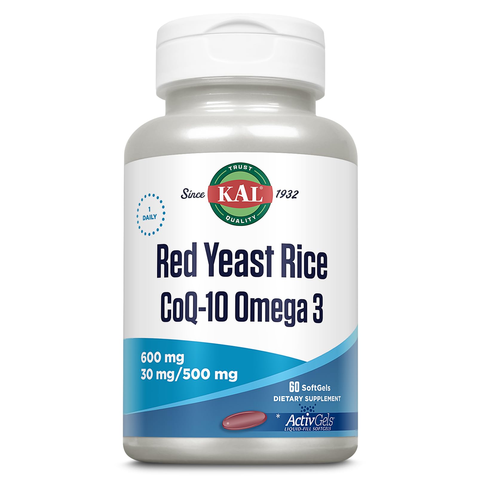 KAL Red Yeast Rice COQ10 Omega-3 softgels bottle front for convenient daily wellness.