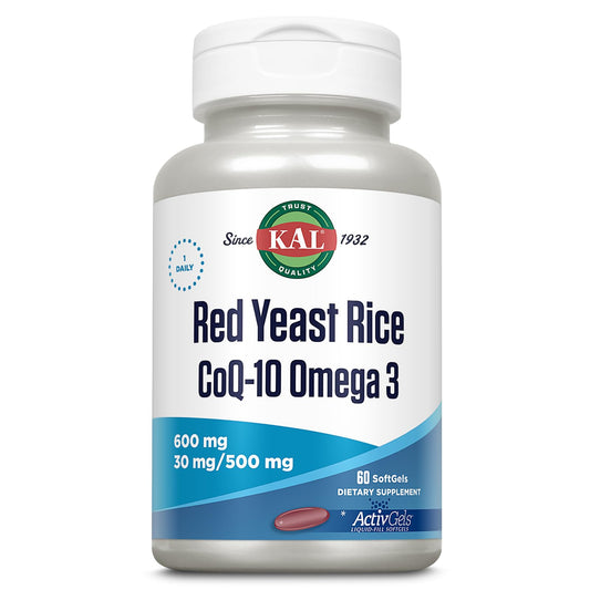 KAL Red Yeast Rice COQ10 Omega-3 softgels bottle front for convenient daily wellness.
