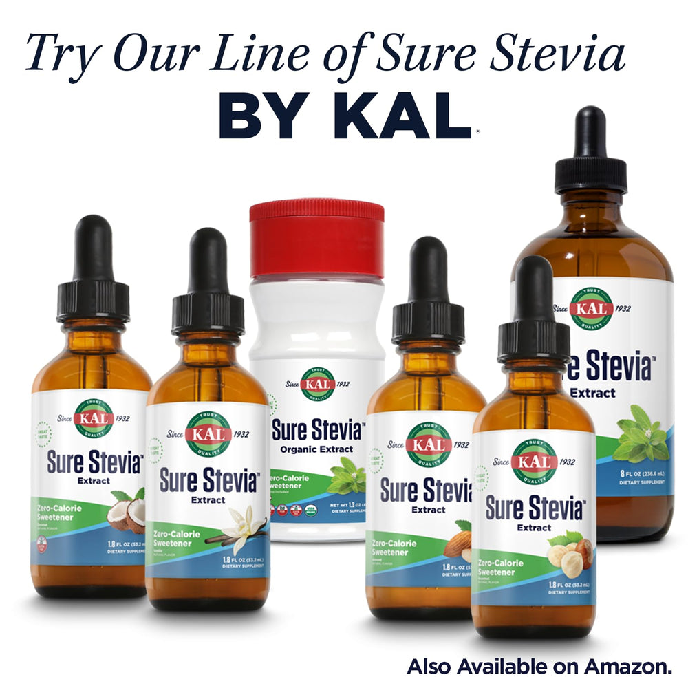 Kal Sure Stevia Plus Monk Fruit packaging with a 60-day money-back guarantee badge.