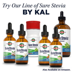 Kal Sure Stevia Plus Monk Fruit packaging with a 60-day money-back guarantee badge.