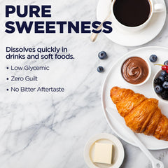 Kal Sure Stevia Plus Monk Fruit powder shown dissolving for zero-calorie flavor in beverages.