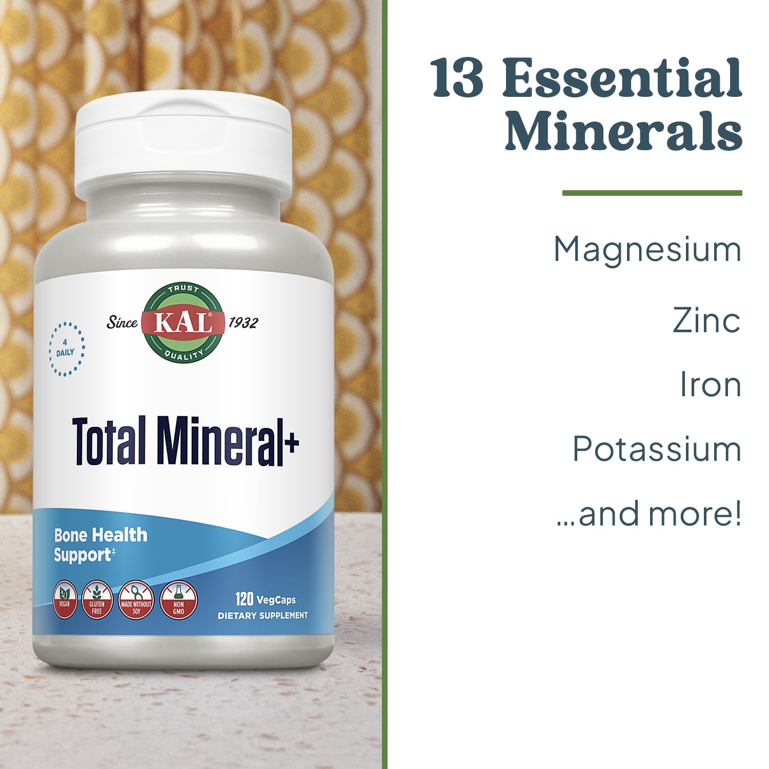 KAL Total Mineral Plus capsules pour demonstrates convenient daily dosing