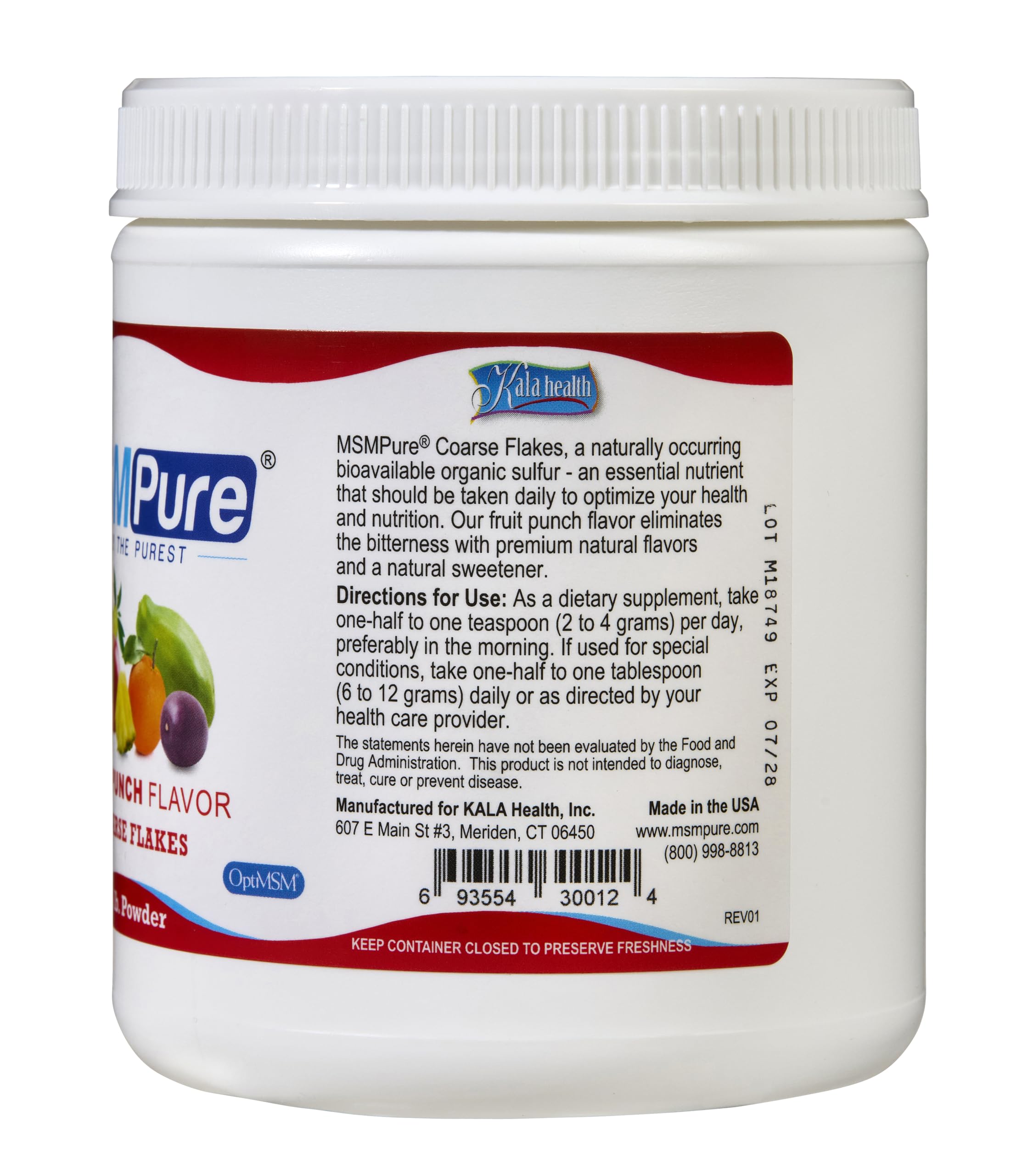 Kala Health MSM Pure Fruit Punch bottle showcases OptiMSM purity and safety.