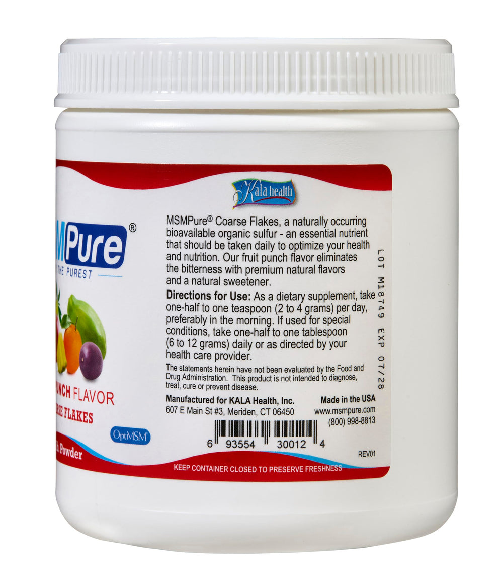 Kala Health MSM Pure Fruit Punch bottle showcases OptiMSM purity and safety.