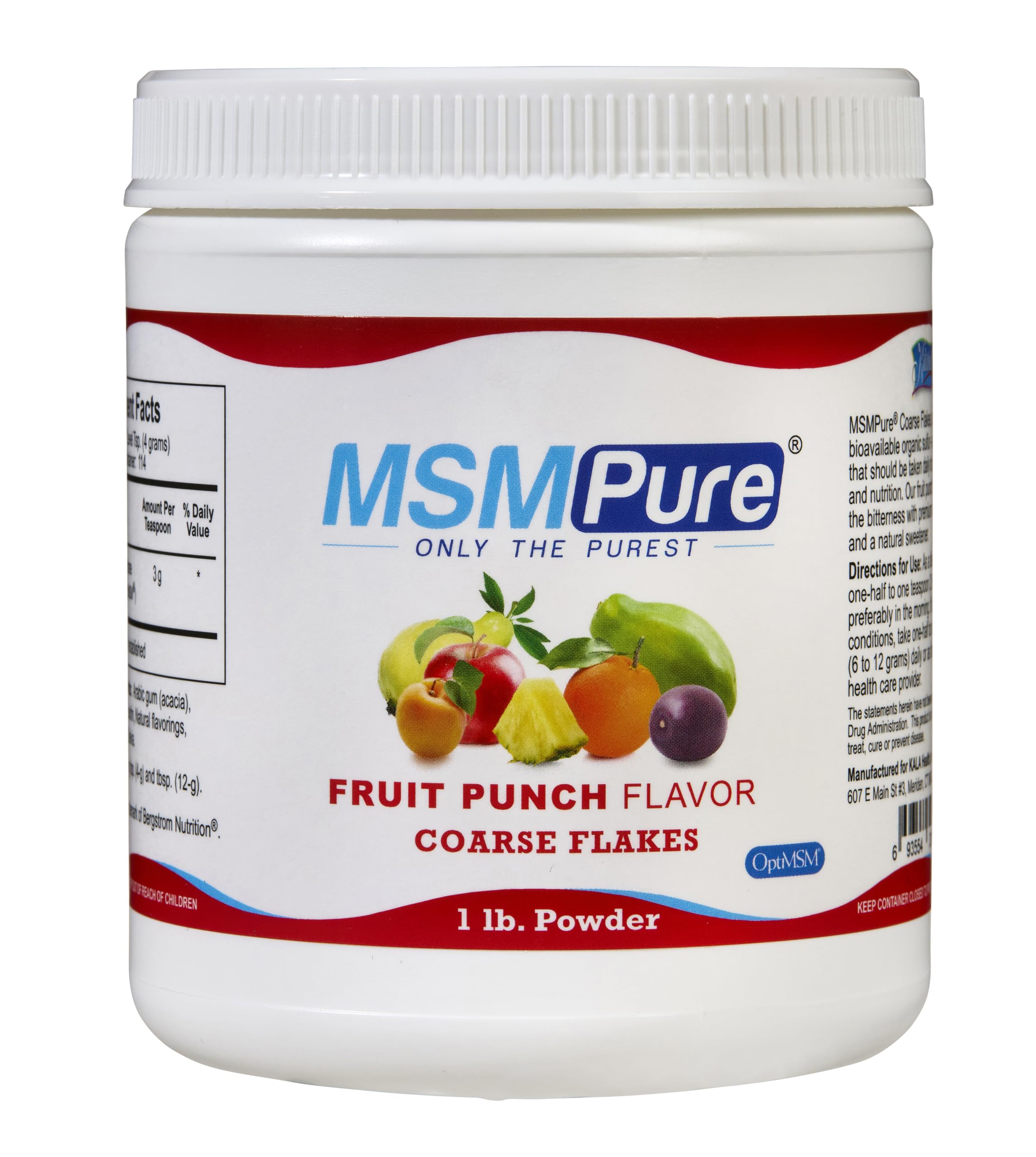 Kala Health MSM Pure Fruit Punch powder in a 1 lb jar for joint comfort.
