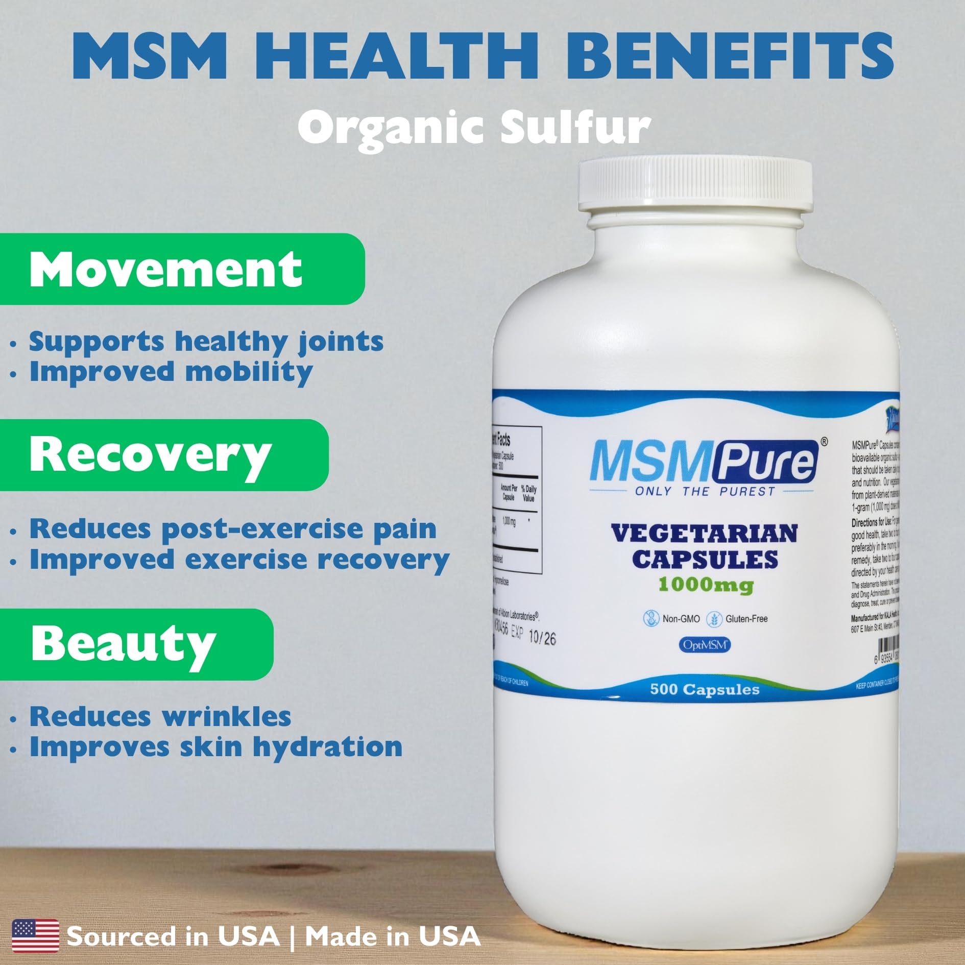 Kala Health MSMPure capsules close-up emphasizing easy-swallow, tasteless supplement.