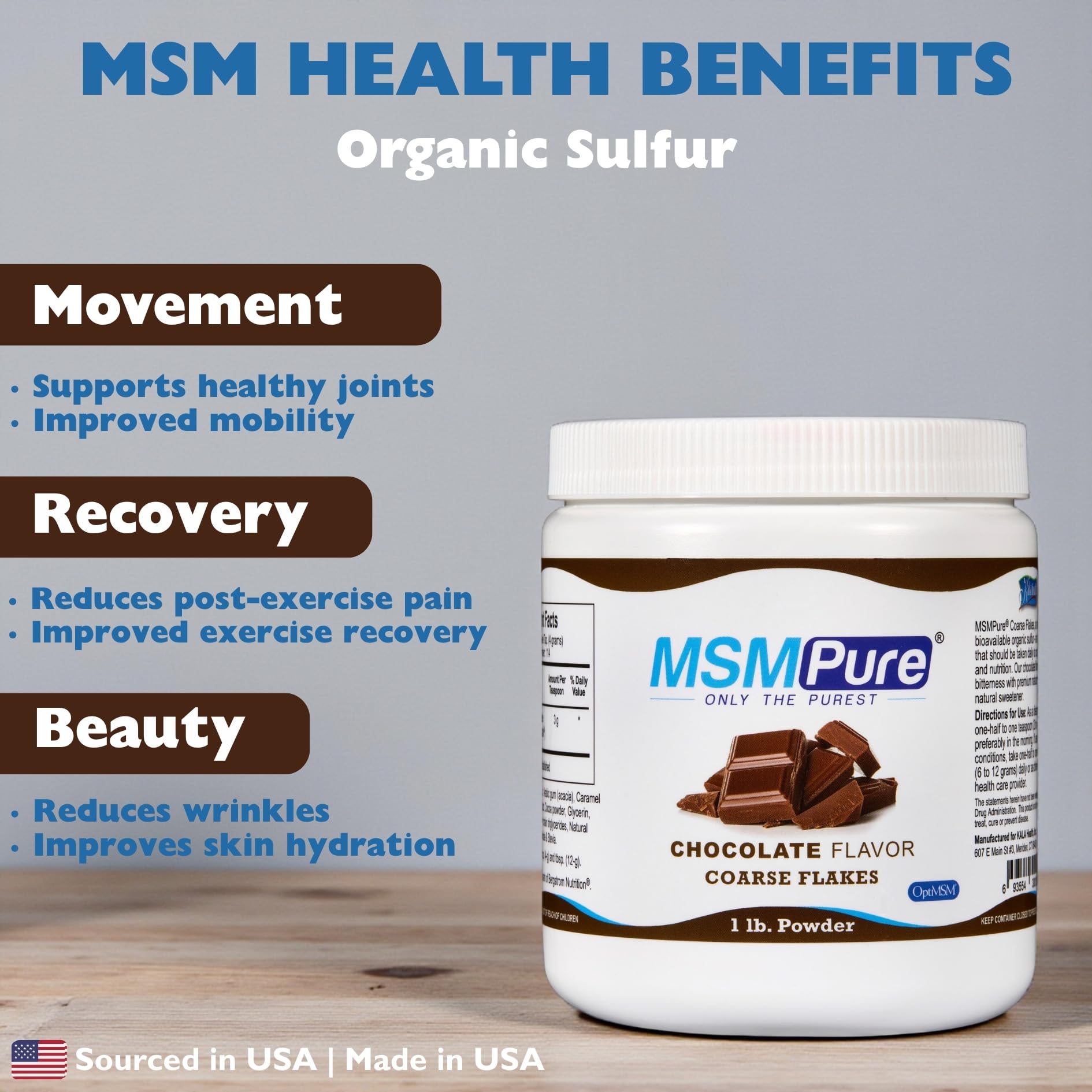 KALA HEALTH MSMPure chocolate flakes dissolve smoothly in water for a tasty routine