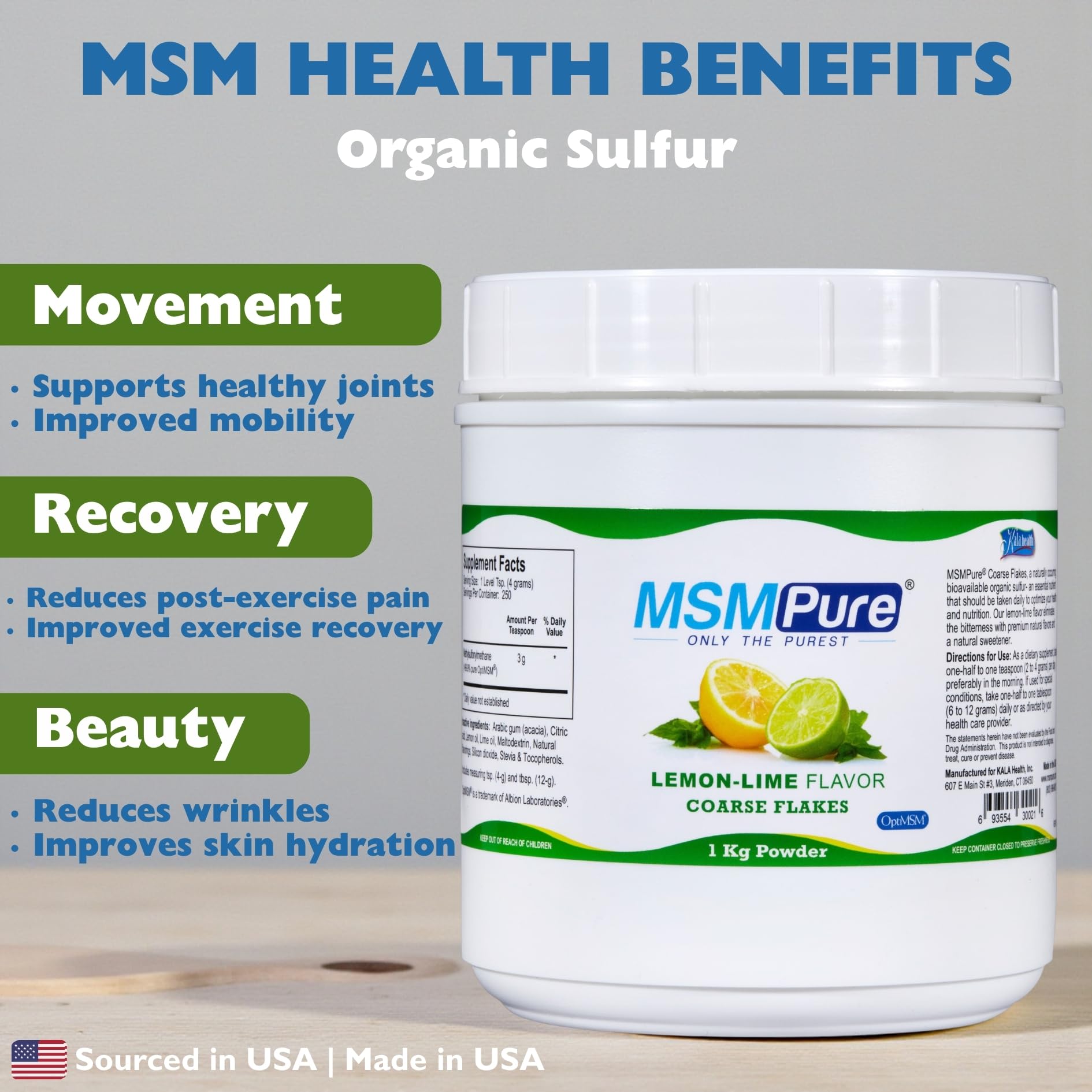 KALA HEALTH MSMPure coarse flakes close-up highlighting texture and quick mixability.