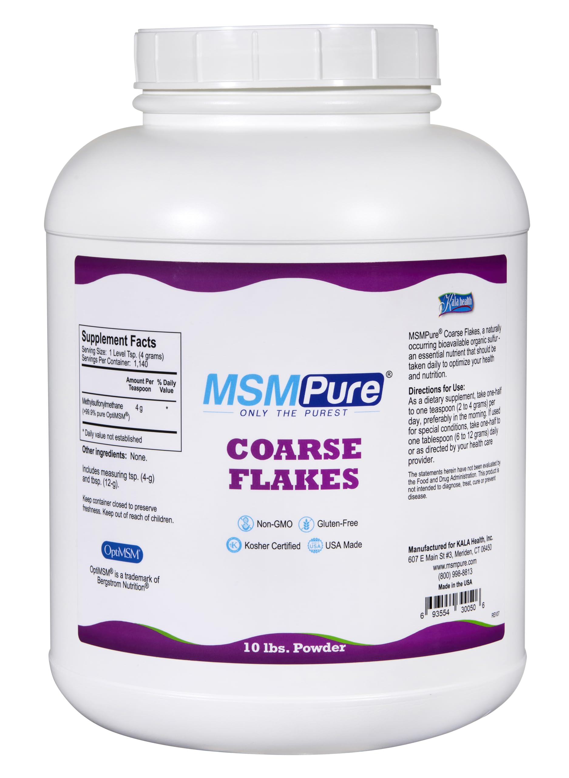 KALA HEALTH MSMPure coarse MSM powder bottle for joint support and mobility.