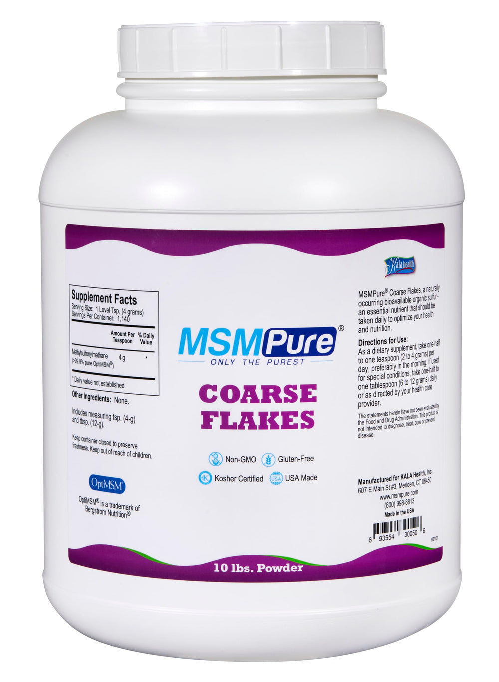KALA HEALTH MSMPure coarse MSM powder bottle for joint support and mobility.
