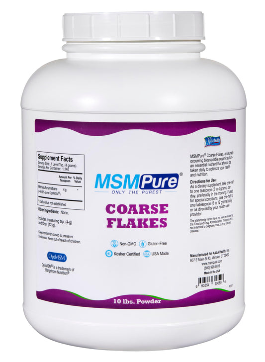 KALA HEALTH MSMPure coarse MSM powder bottle for joint support and mobility.