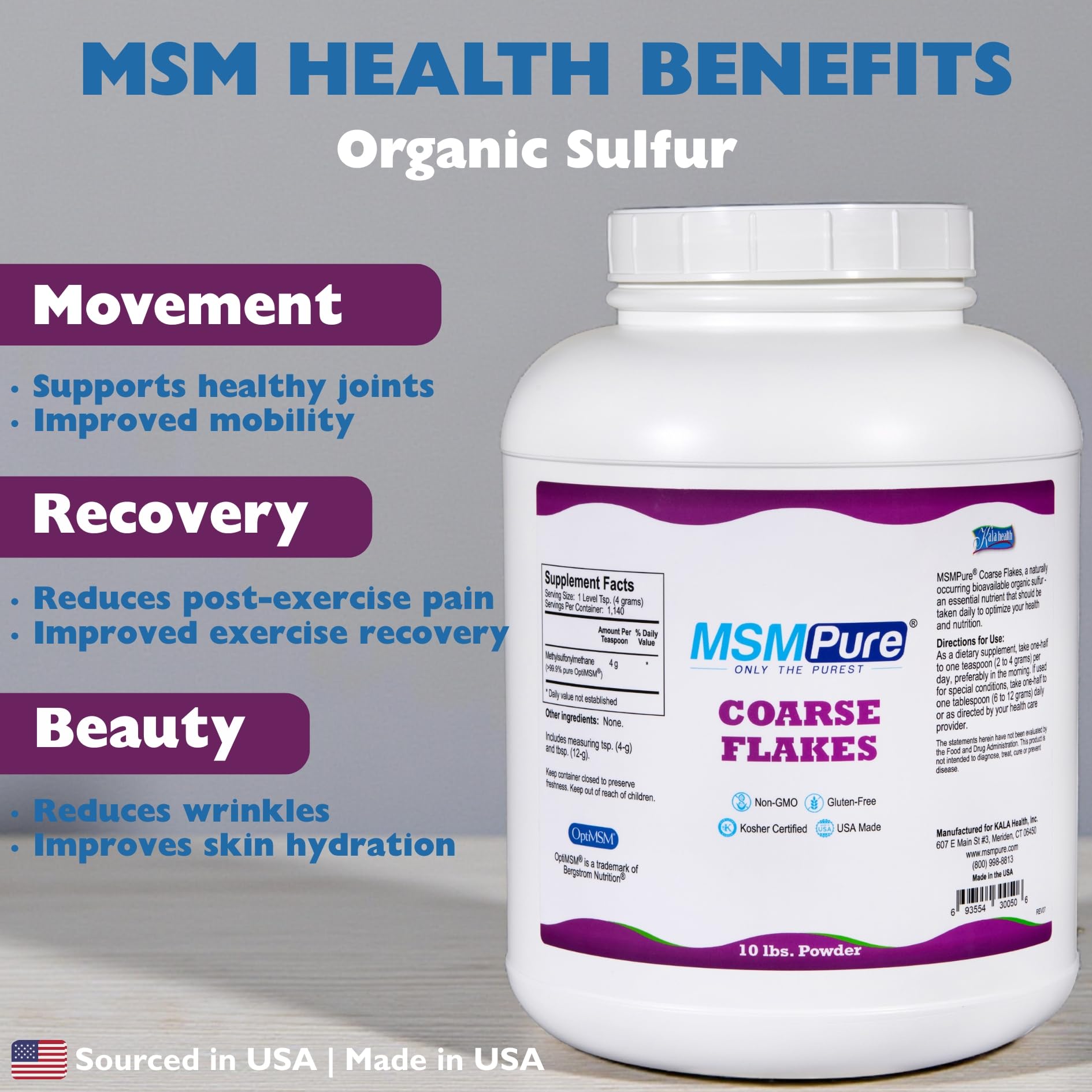 KALA HEALTH MSMPure MSM powder texture close up for skin appearance support.