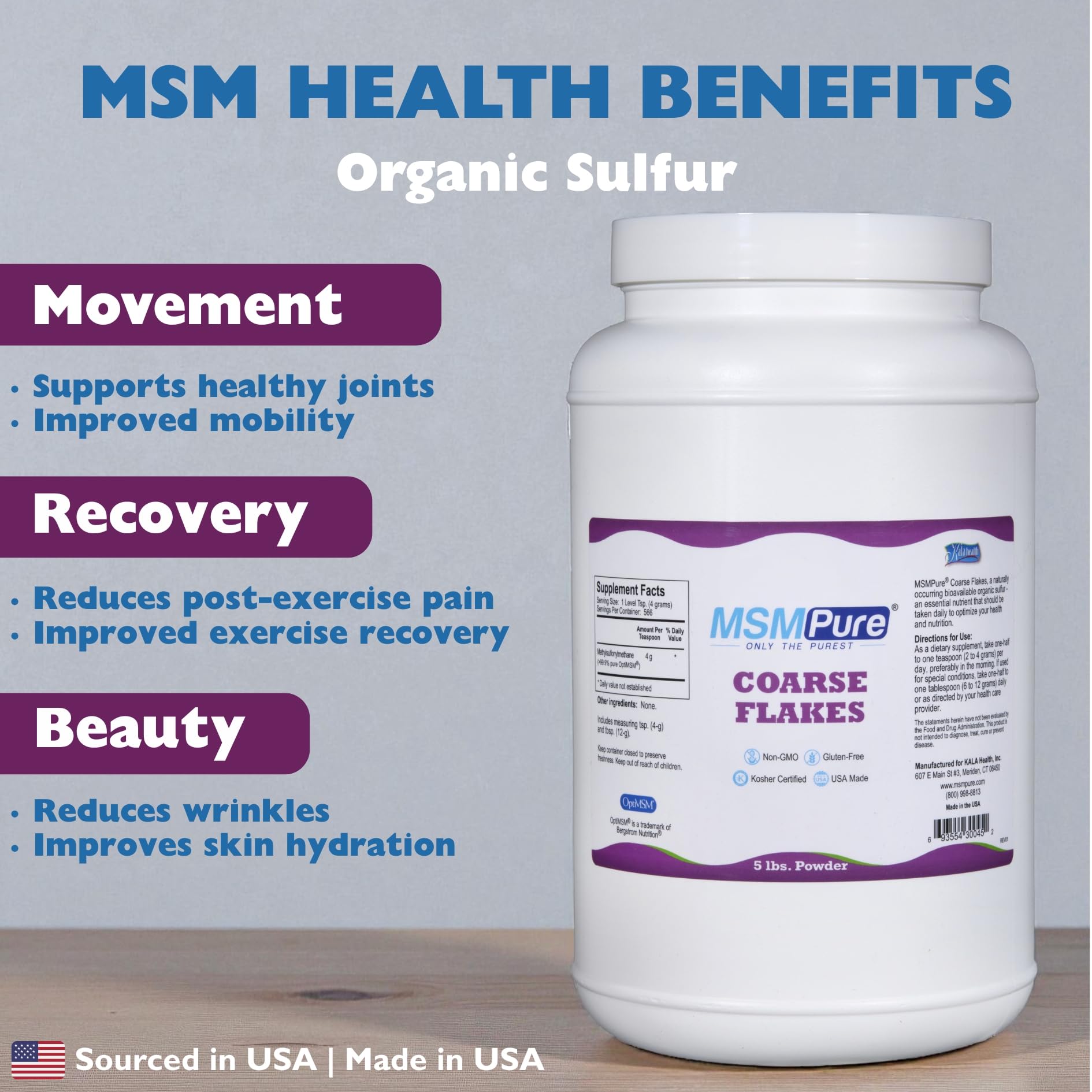 KALA HEALTH MSMPure coarse MSM powder with measuring spoon enables precise dosing.