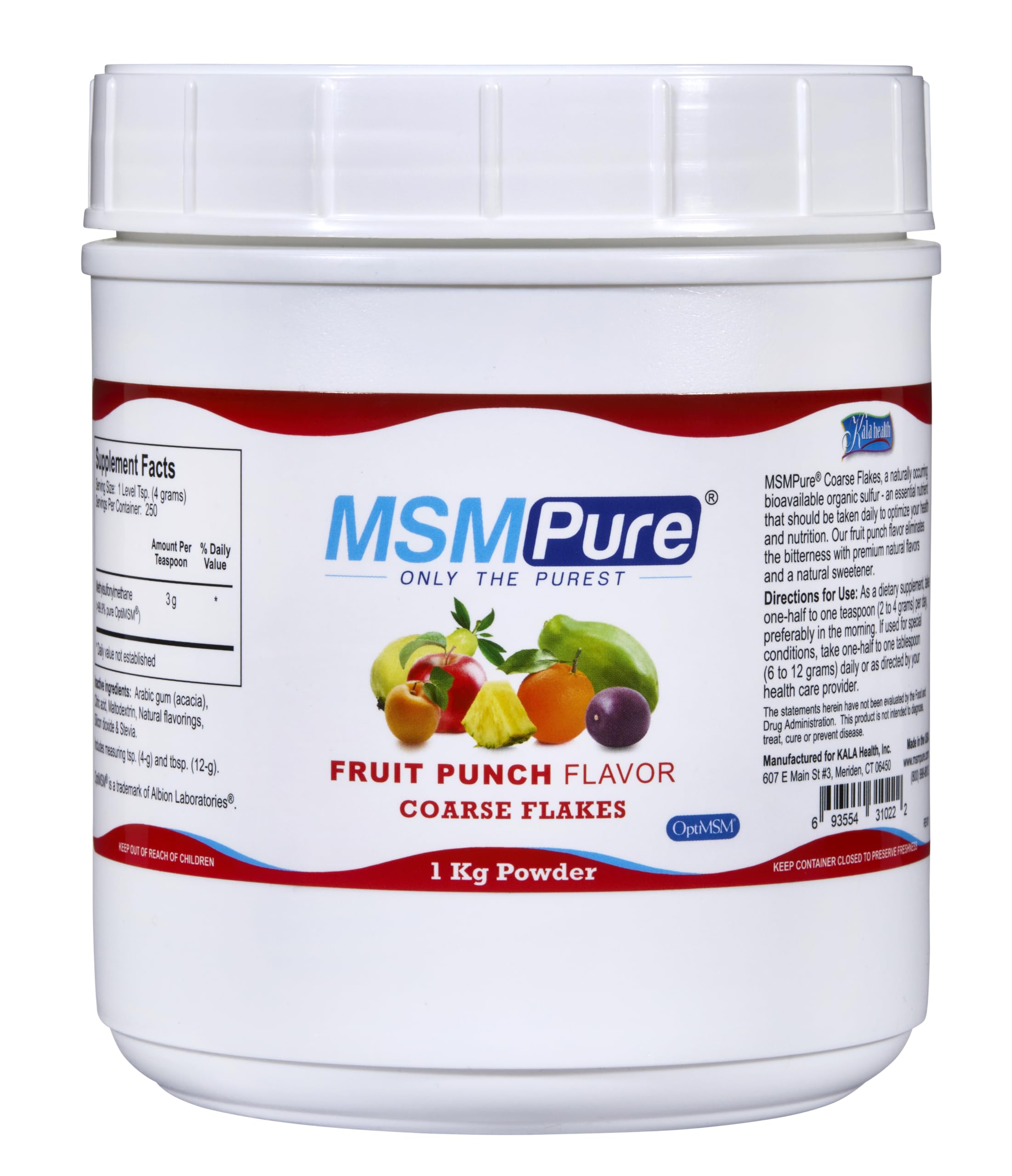 Kala Health MSMPure Fruit Punch flakes in bottle for easy daily dosing.