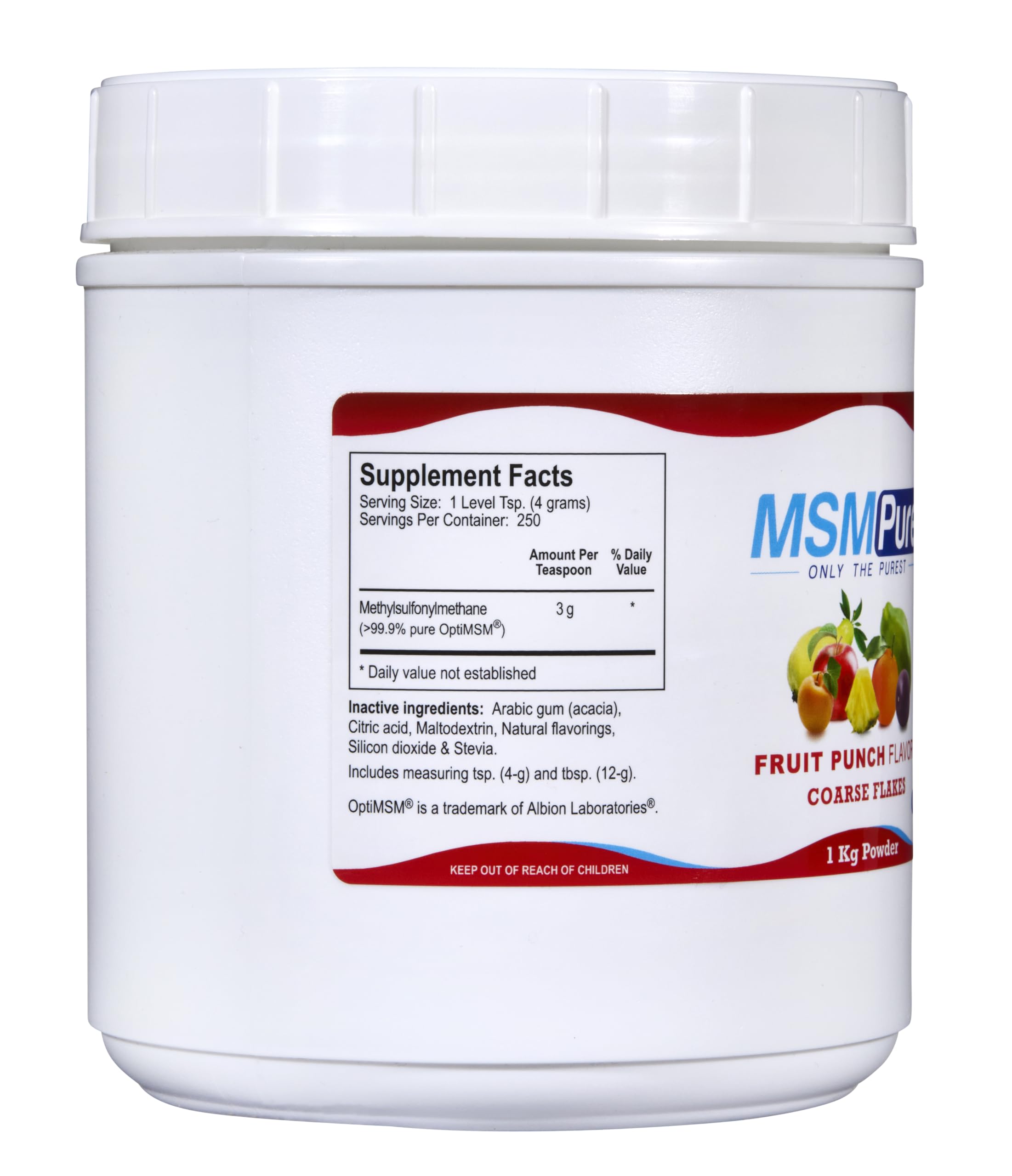 Coarse MSM flakes dissolving in juice to support a simple routine.