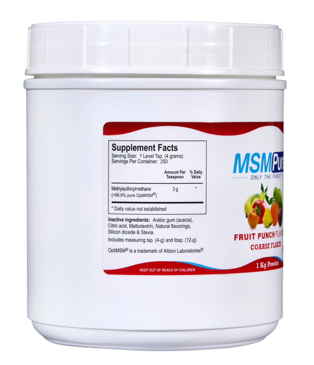 Coarse MSM flakes dissolving in juice to support a simple routine.