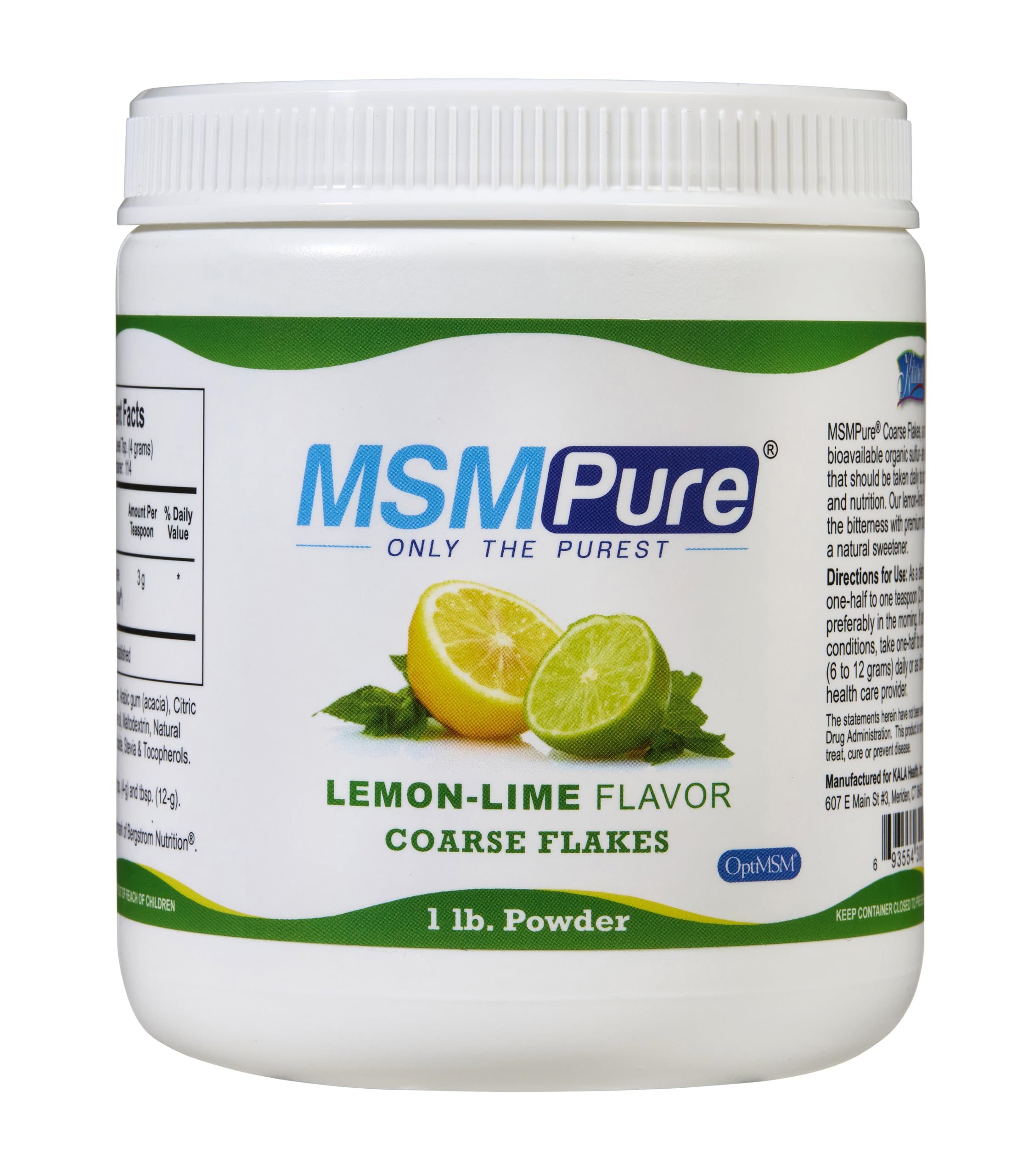 Kala Health MSMPure lemon-lime flakes label front highlights pure USA-made MSM benefits for joints and skin
