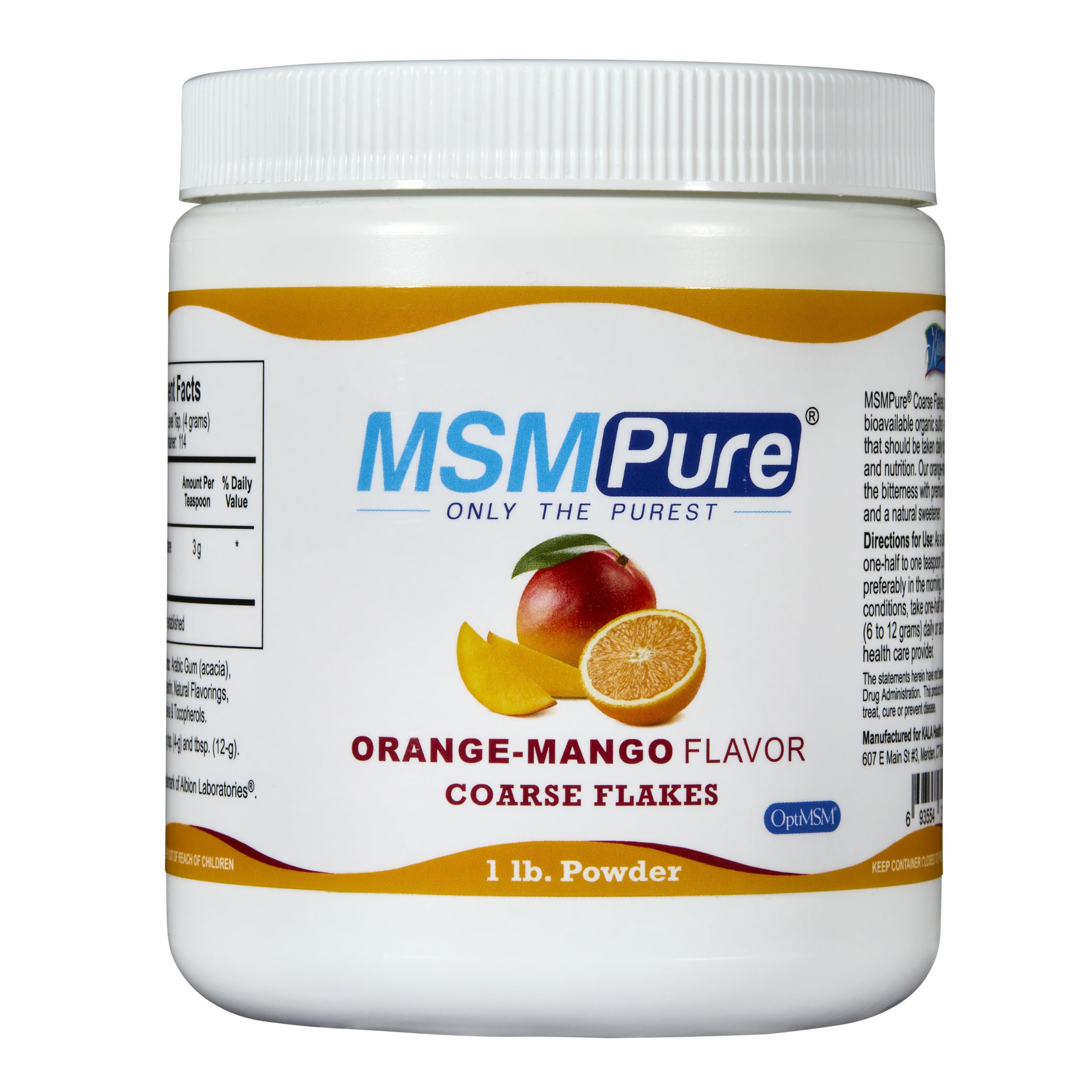 KALA HEALTH MSMPure orange mango flakes bottle shows purity and easy daily use.