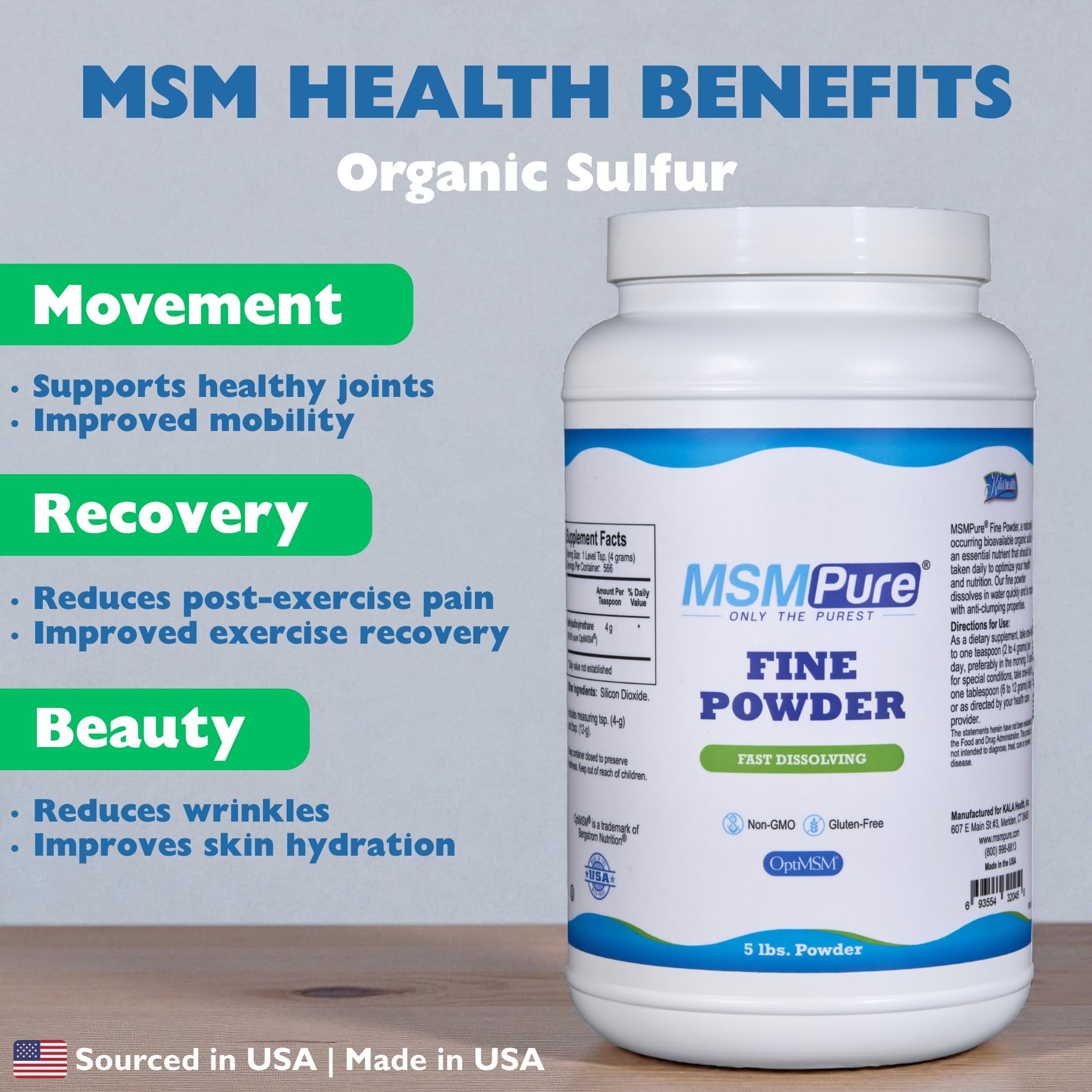 KALA HEALTH MSMPure fine powder designed for easy mixing in drinks.