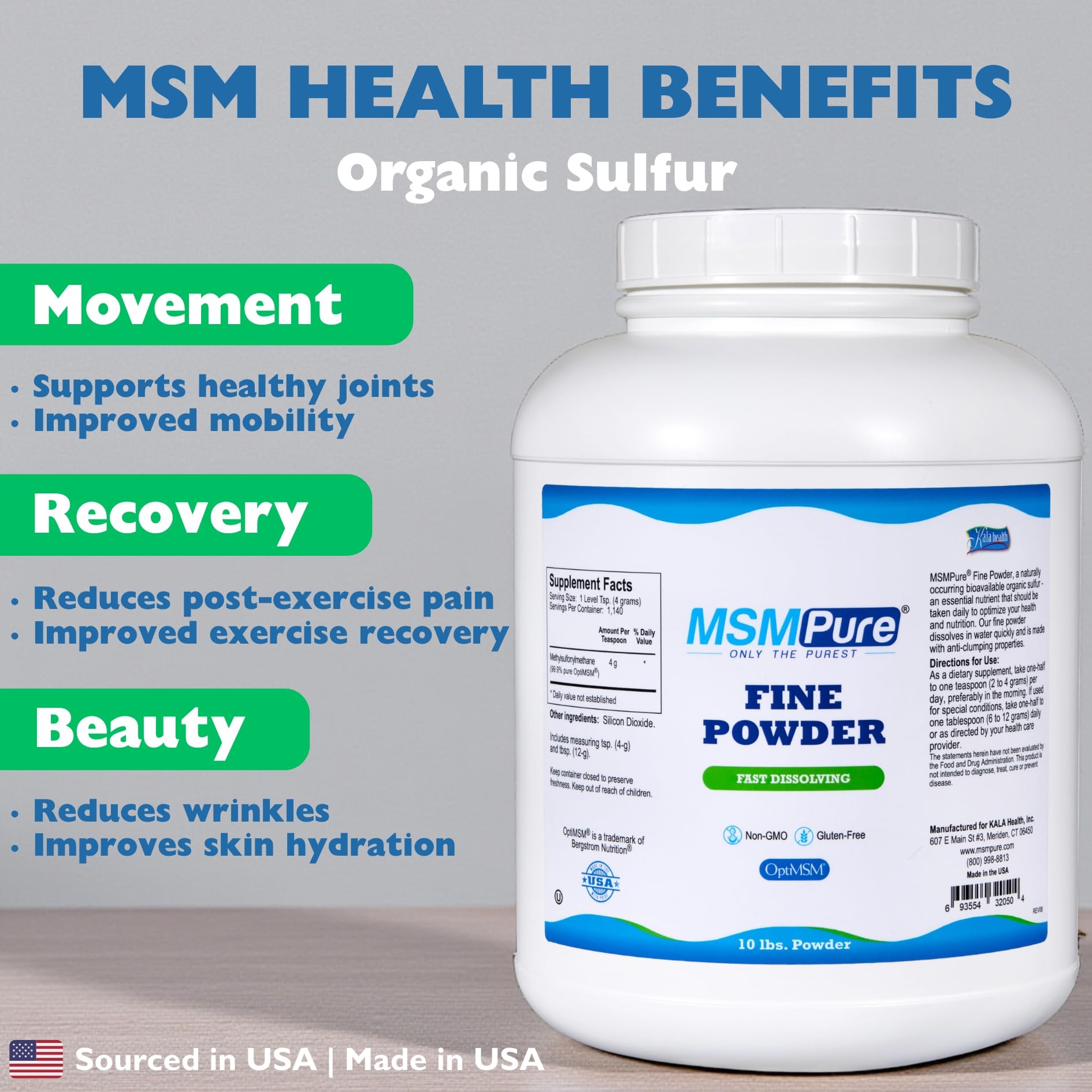 KALA HEALTH MSMPure powder texture closeup shows fine crystals for fast dissolution.