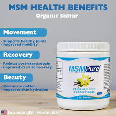 Close-up of MSMPure vanilla MSM powder coarse flakes for quick mixing