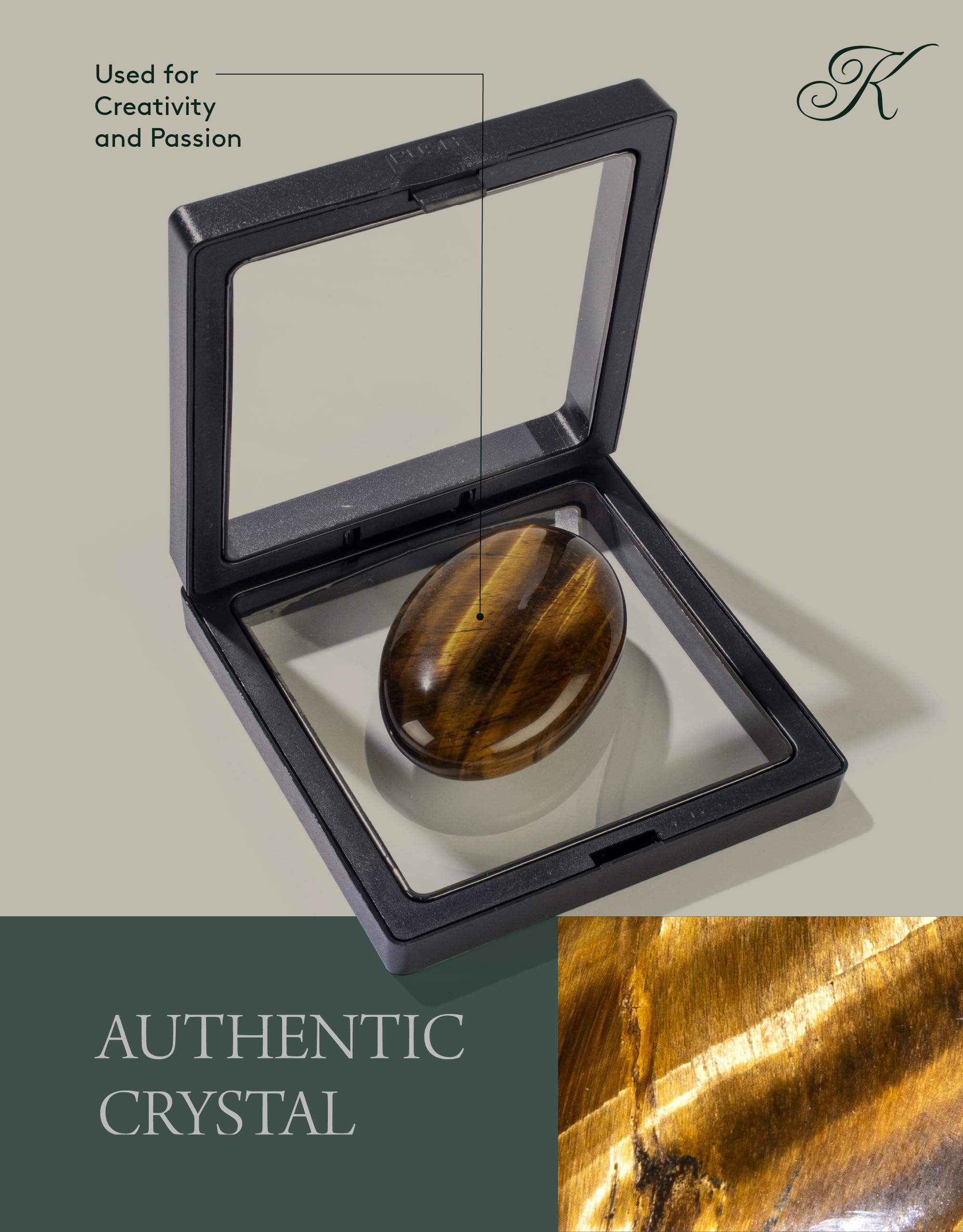 KALIFANO Tiger Eye palm stone with natural luster emphasizes unique color bands for focus.