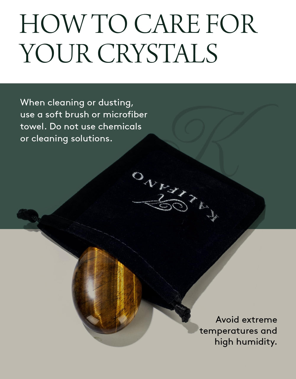 KALIFANO Tiger Eye palm stone with information card adds context and thoughtful gifting.