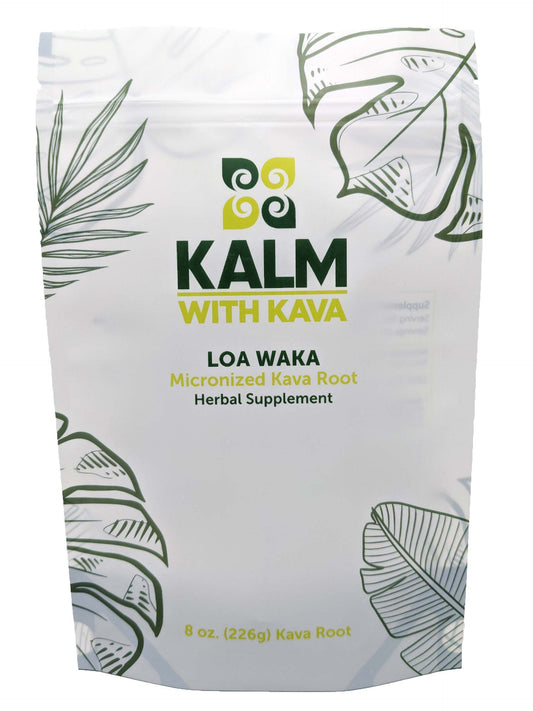 KALM Kava Loa Waka packaging showing premium noble kava for relaxation