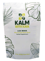 KALM Kava Loa Waka packaging showing premium noble kava for relaxation