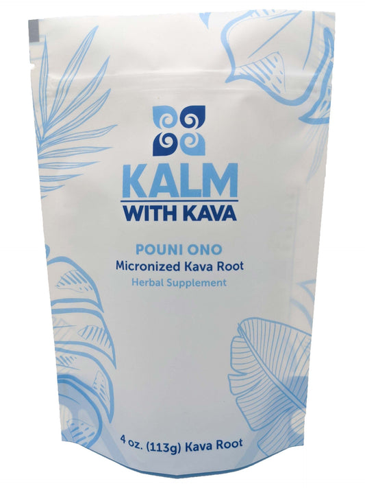 KALM Kava Pouni Ono micronized kava bottle for quick relaxation in a busy day.
