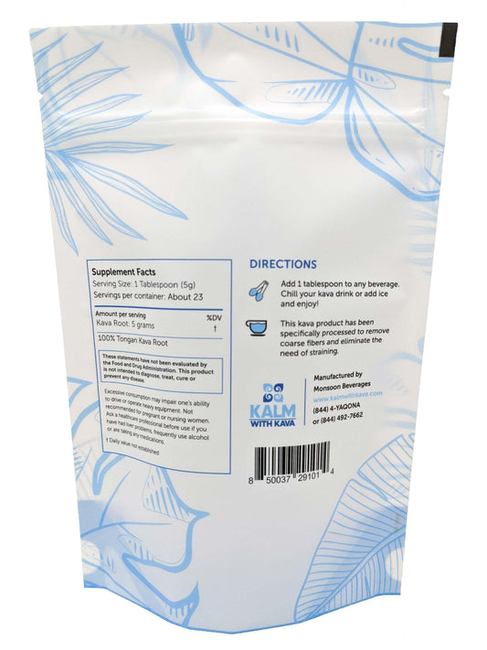 KALM Kava Pouni Ono micronized kava scoop enables easy, mess-free serving in beverages.