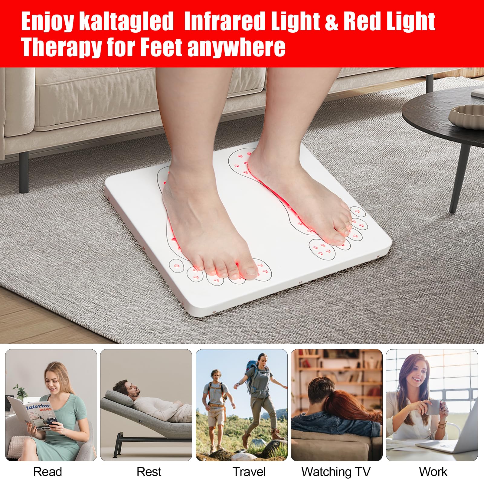 Kaltagled red-light foot therapy panel applied to toes for soothing warmth at home.