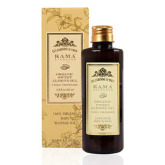 Kama Ayurveda almond oil label and ingredients showing organic promise