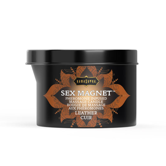 KAMA SUTRA pheromone-infused massage candle melts into warm oil for sensual full-body massages.