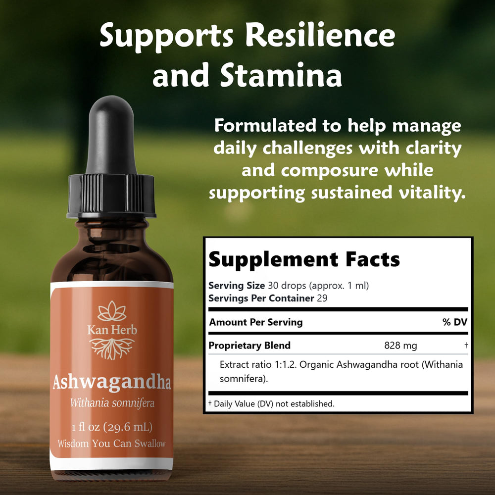 Kan Herb Ashwagandha bottle label highlights California production quality.