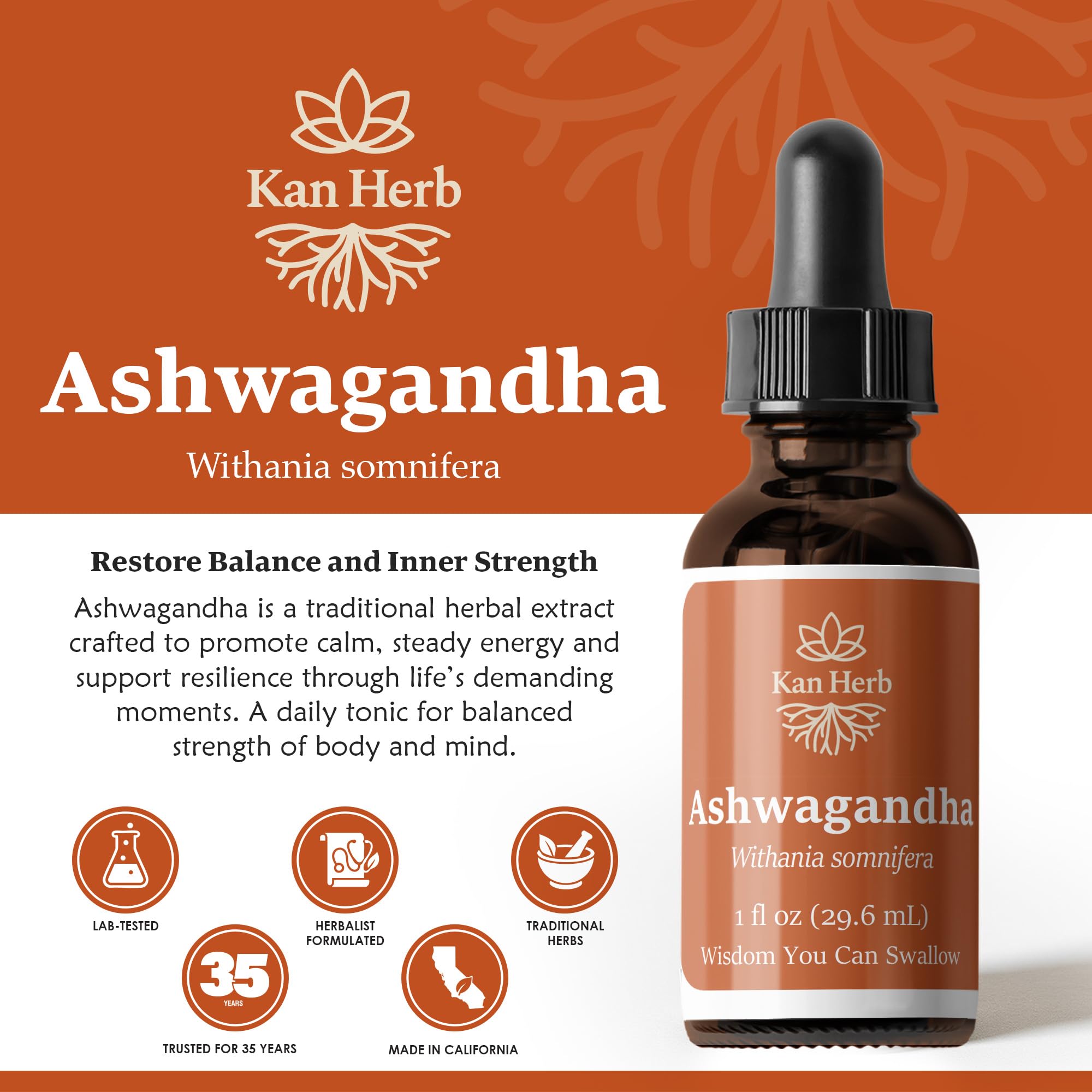 Kan Herb Ashwagandha liquid extract drops for steady daily resilience.