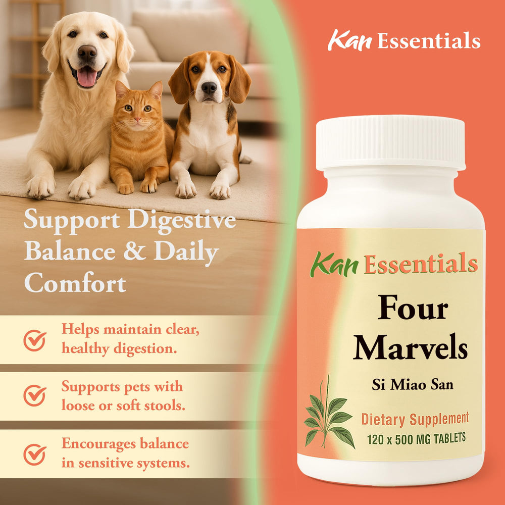 Dog and cat scene with Kan Herb Four Marvels suggesting overall wellness